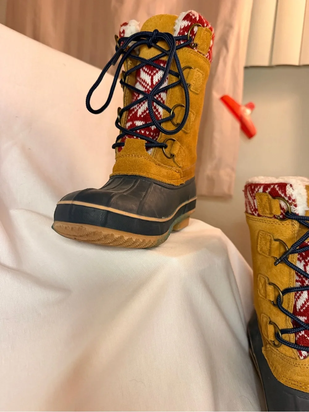 Women’s Mustard Suede Winter Lace-Up Boots with Patterned Knit Cuff